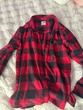 SO Red and Black Buffalo Plaid Button-Up Cardigan Sweater